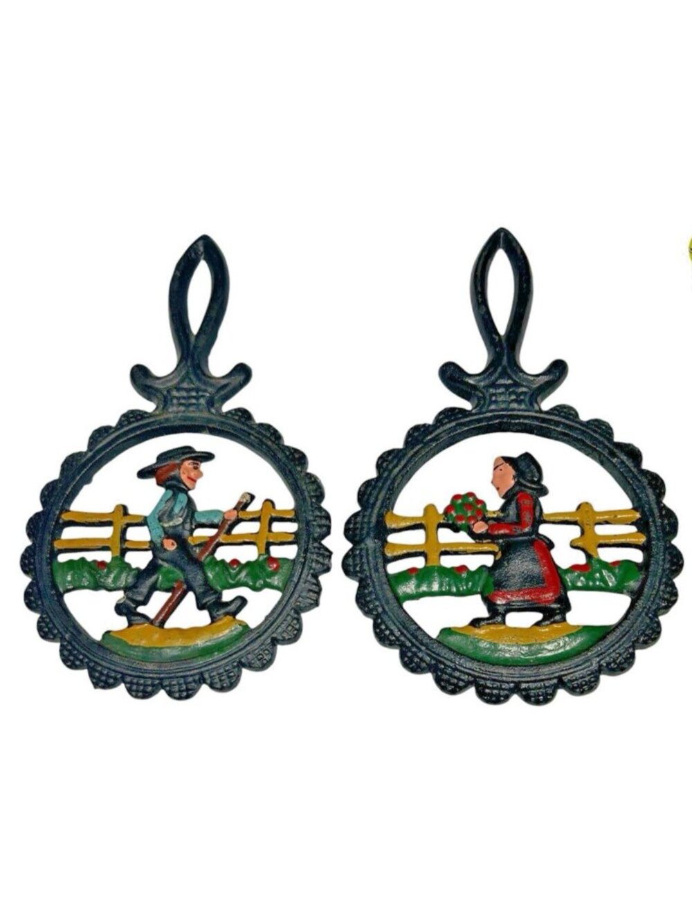 Amish Couple Cast Iron 8" Trivet Wall Art Footed Black Hand Painted Taiwan Set 2